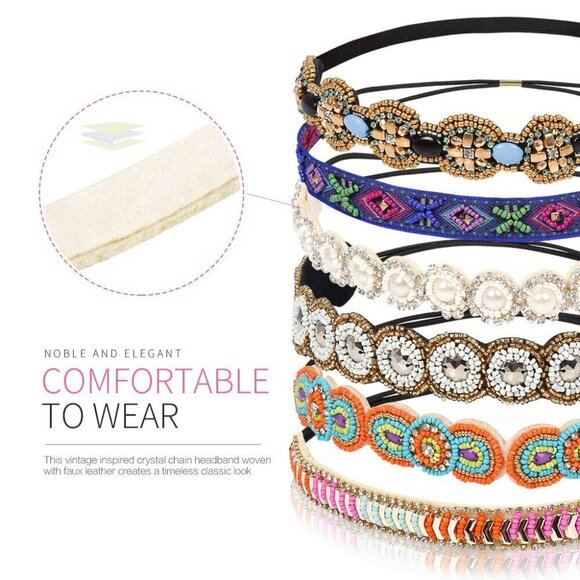 Women\'s Elastic Rhinestone Beaded Headbands Set Vintage Hair Accessories main image 4